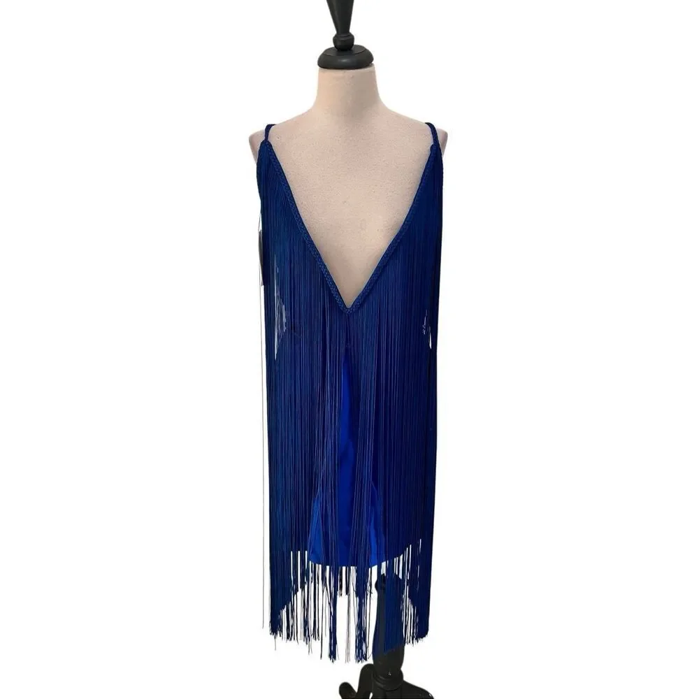 Free People Women's Fringe Element Halter Bodycon Dress Blue Large NWT